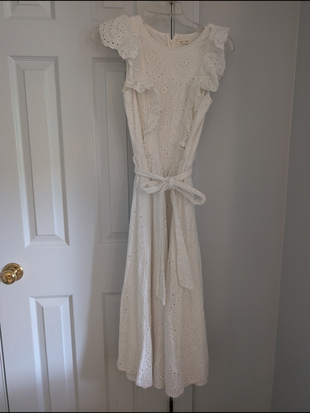 White Eyelet Midi Dress with Tie Waist